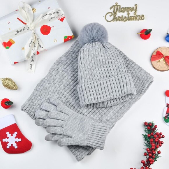 Winter Beanie Hat Scarf Gloves Set for Women, Fleece Knit Pompom Beanie Neck War - Picture 7 of 7